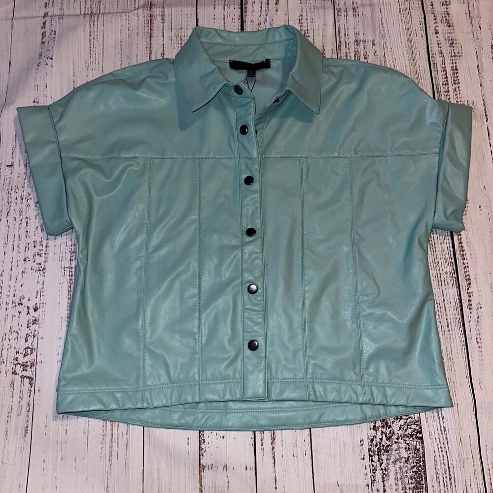 Dance & Marvel Faux Leather Short Sleeve Button Layering Boho Shirt Shacket- M